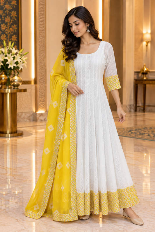 White ggt Anarkali & Yellow Dupatta