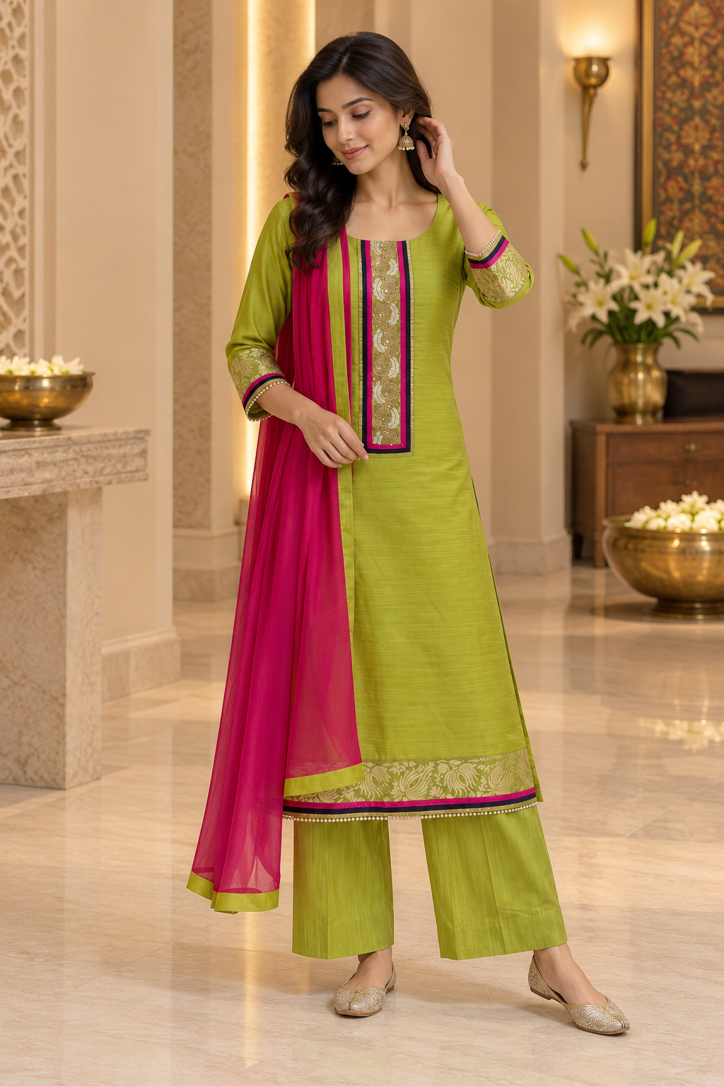 Olive Green Bhagalpur Tusser Silk Readymade Set