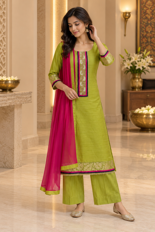 Olive Green Bhagalpur Tusser Silk Readymade Set