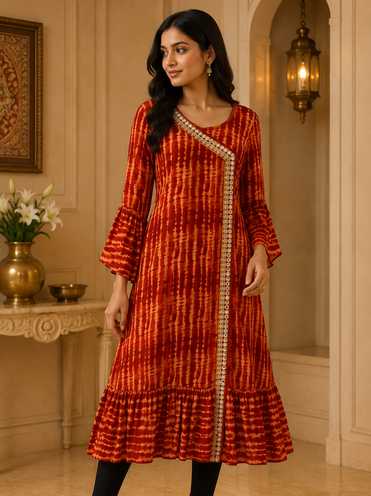Orange & Red Shibori Angrakha Readymade Kurta