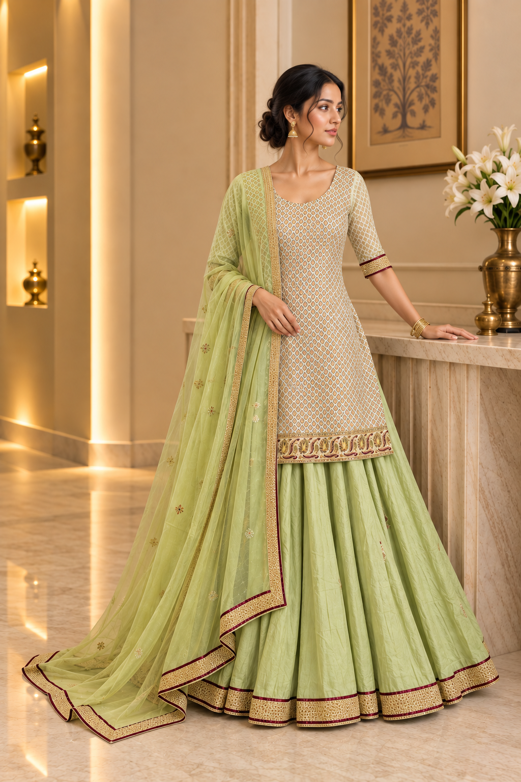 Ivory Benaras Silk Kurta and Skirt Set