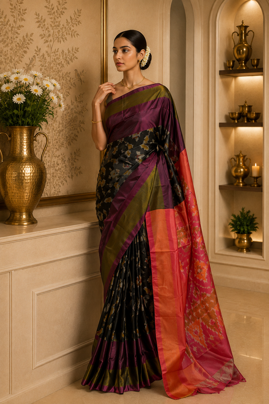 Black Pochampally Semi Silk Saree