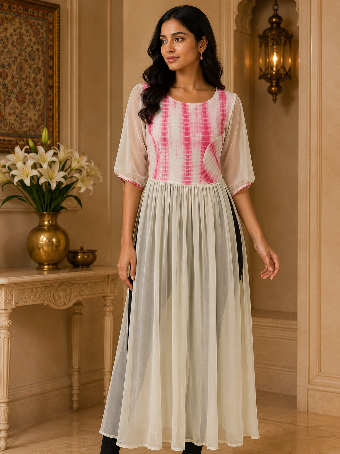 Ggt Readymade Long kurta with shibori yoke