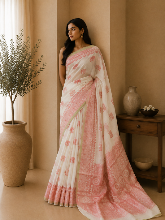 The Heritage Ivory and Rose: Elephant Motif Cotton Silk Saree