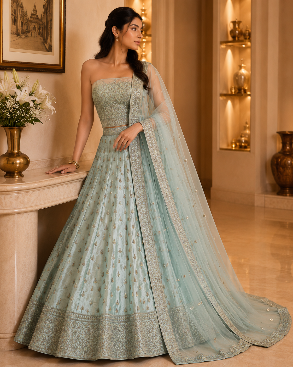 Sea Green dola silk unstitched lehenga set