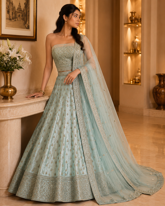 Sea Green dola silk unstitched lehenga set