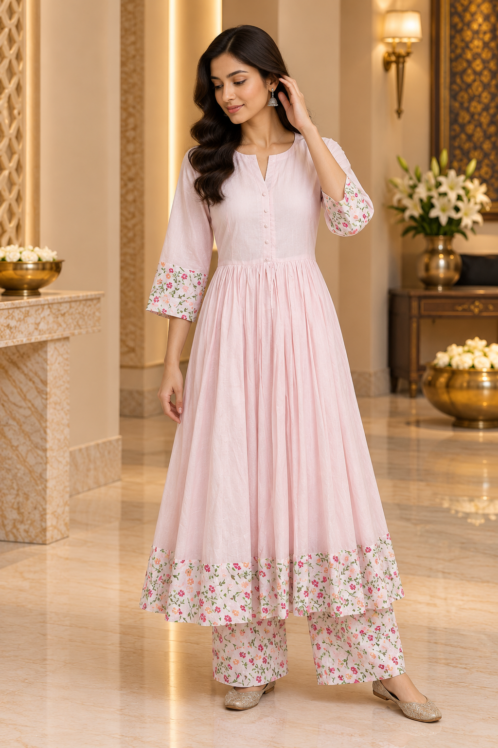 Pink Muslin Pleated Kurta Palazzo Readymade Set