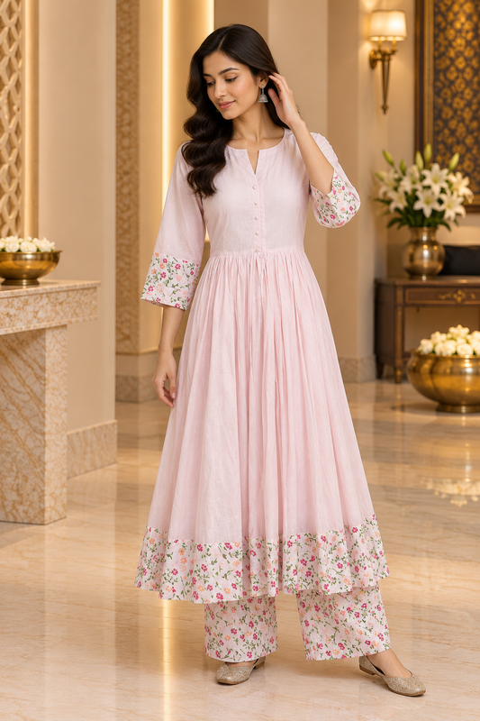 Pink Muslin Pleated Kurta Palazzo Readymade Set