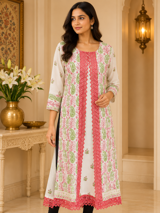 Pink & Green Long Chikankari Jacket Kurta