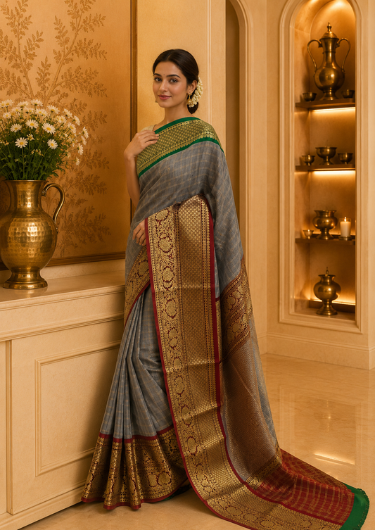 Antique Heritage: Pure Gadwal Silk in Grey and Maroon