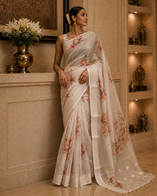 Peach Threadwork Floral Viscose  Organza Saree