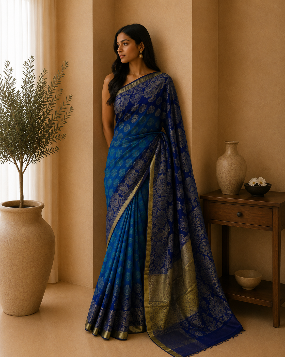 The Azure Gradient: Blue and Navy Khaddi Georgette Saree