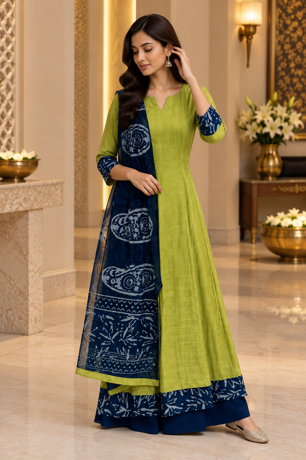 Olive green Bhagalpur Tusser Silk Anarkali set