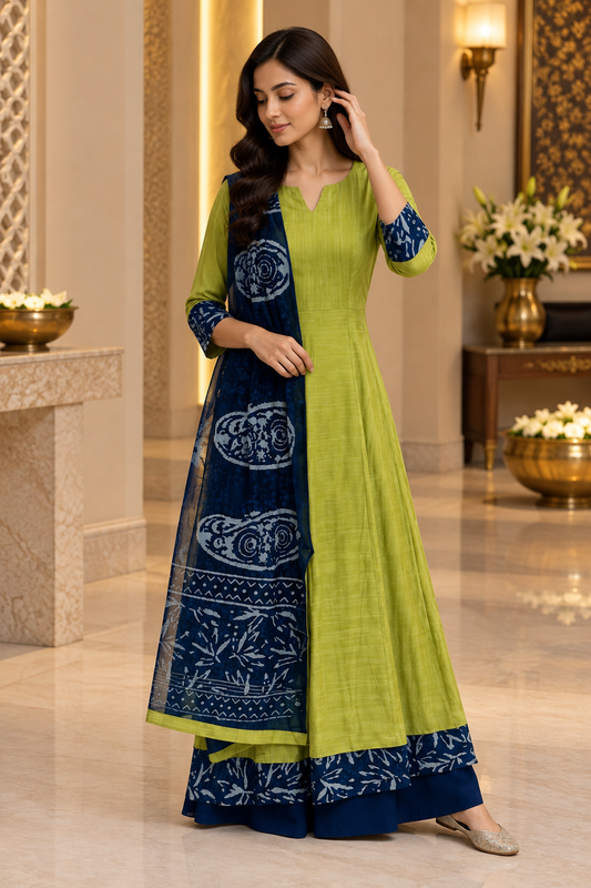 Olive green Bhagalpur Tusser Silk Anarkali set