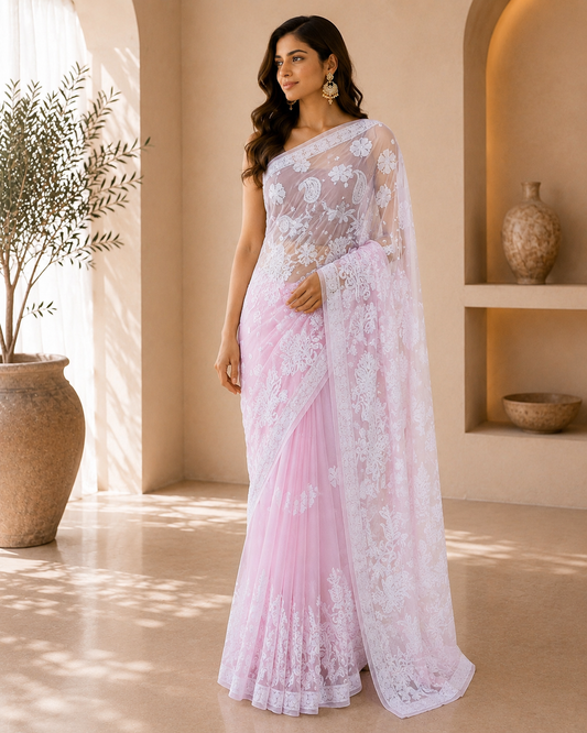 Pink Chikankari Saree