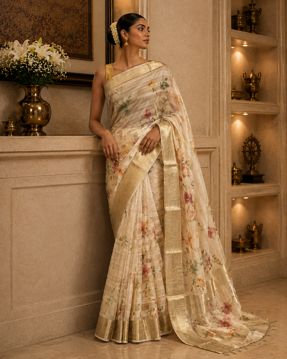 Peach Floral Viscose  Organza Saree