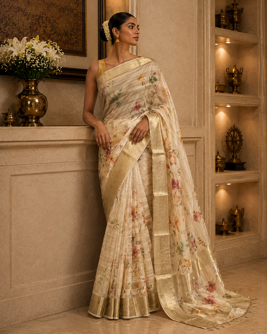 Peach Floral Viscose  Organza Saree