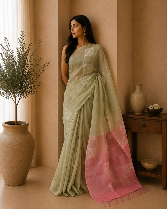 The Enchanted Meadow: Light Olive and Coral Kora Organza Saree