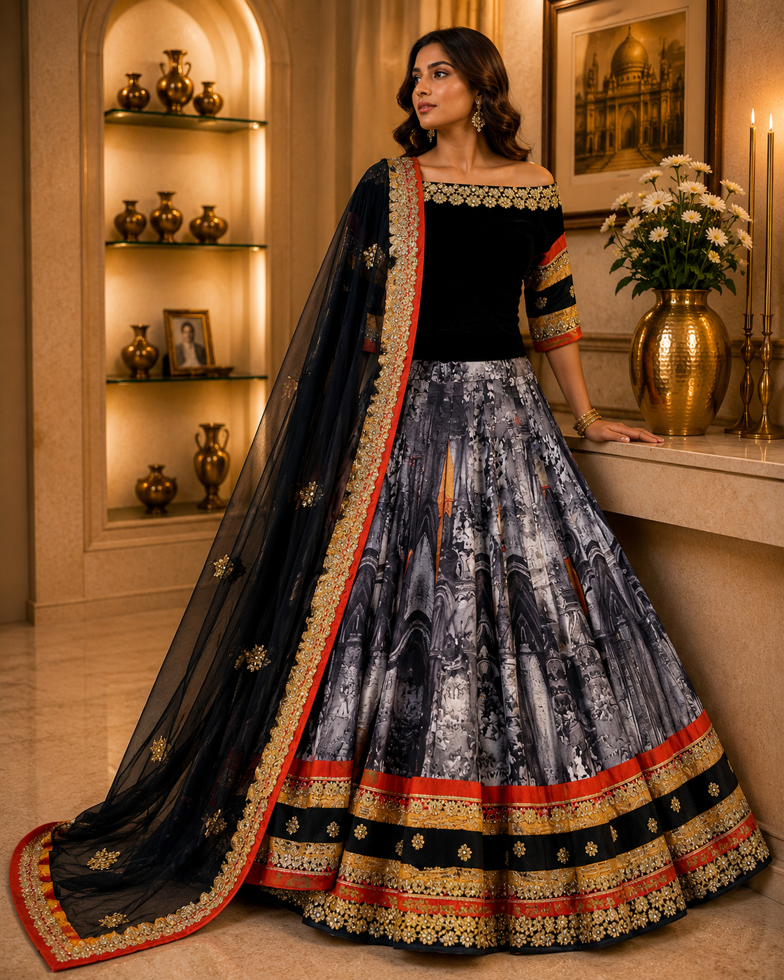 Grey black satin silk lehenga set