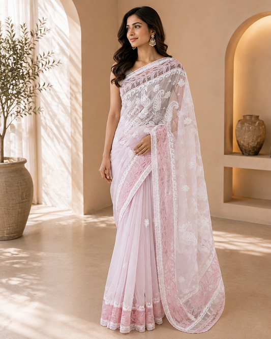 Pink Chikankari Saree with Net Borders