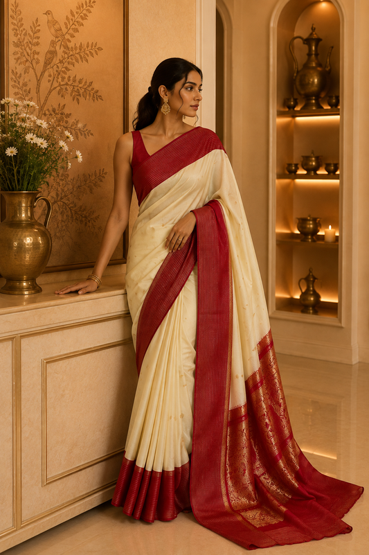 The Heritage Grace – Beige and Pink Gadwal Silk Saree