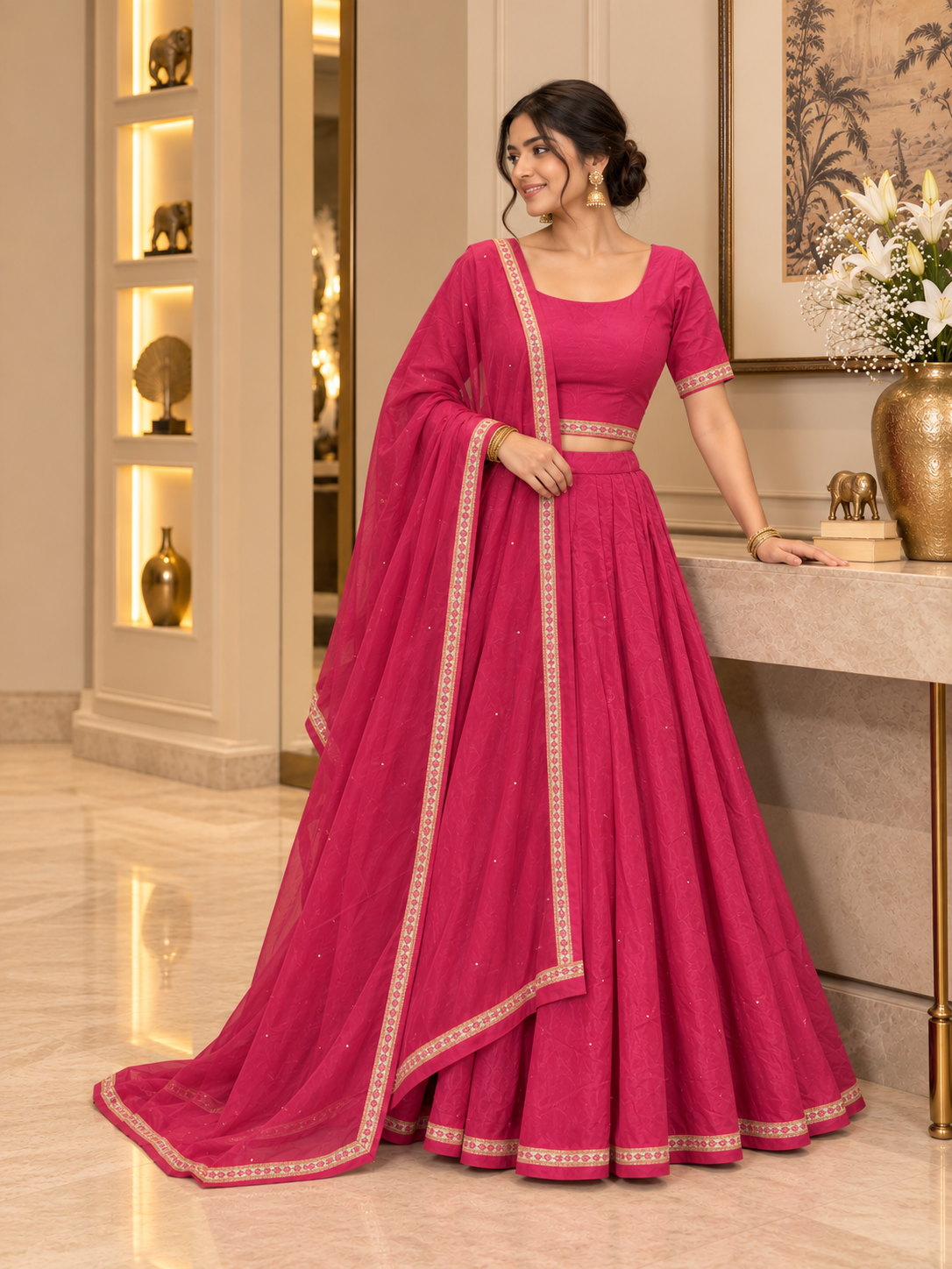 Hot pink Chinon Silk Lehenga set