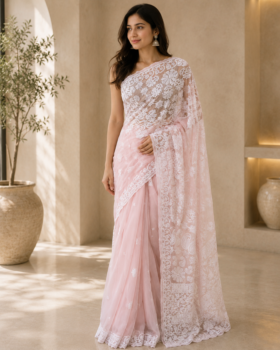 Baby Pink Chikankari Saree 01