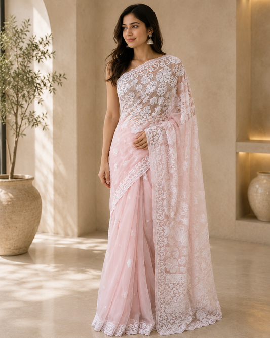 Baby Pink Chikankari Saree 01