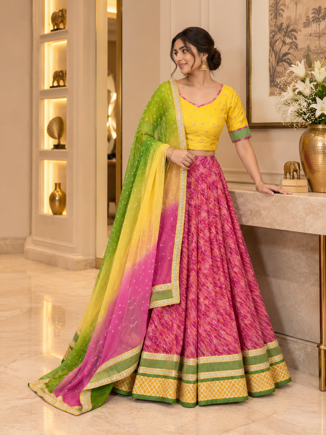 Pink organza Lehariya Lehenga art