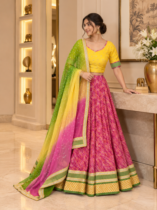 Pink organza Lehariya Lehenga art