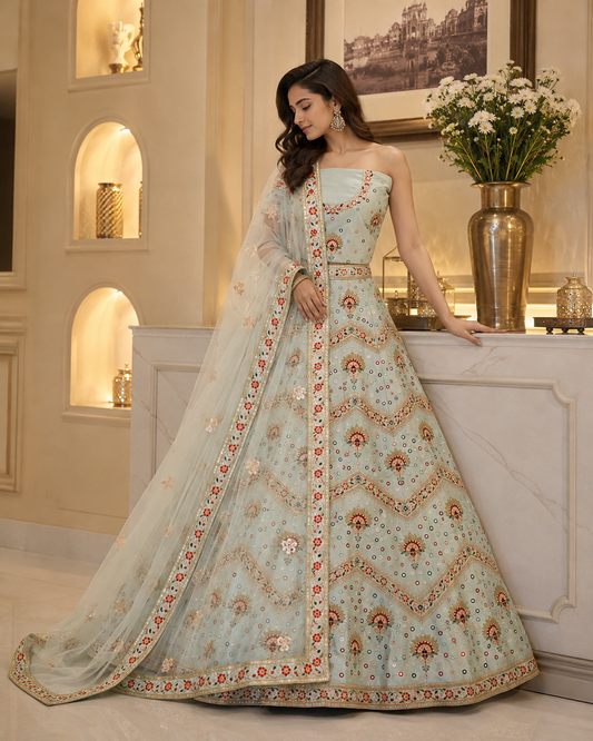 Dola Silk Mirrorwork Unstitched Lehenga Set