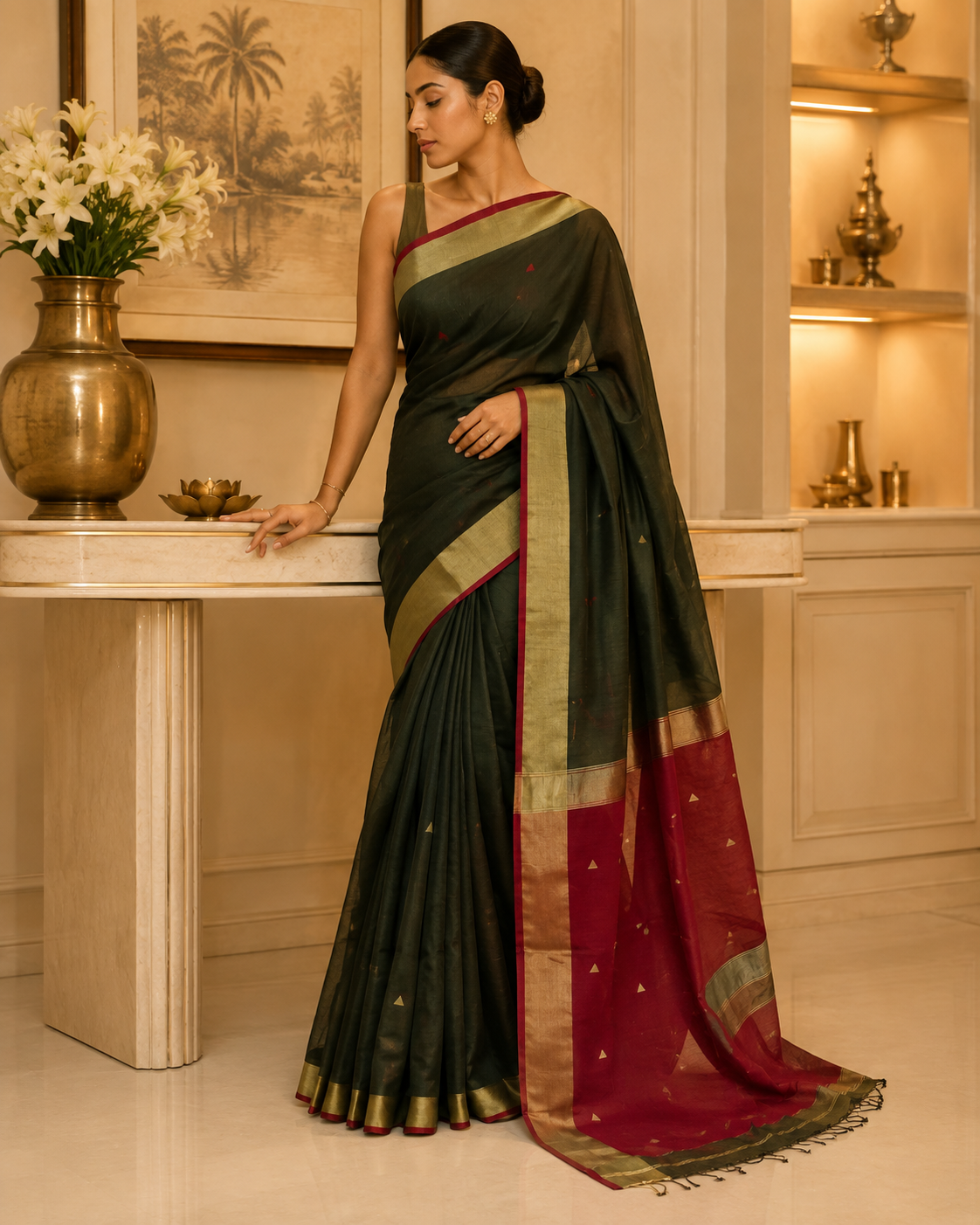 Maheshwari Triangle Buti Zari Border Green Saree