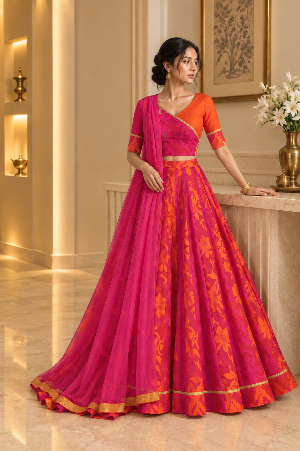 Pink And Orange Jaamdani Lehenga set