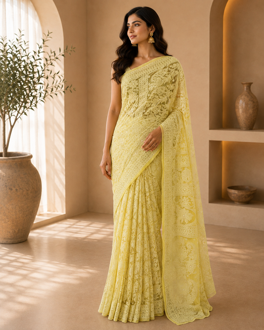 Yellow Chikankari Saree