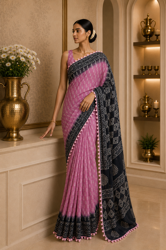 Mul Cotton Block Print Pink Saree
