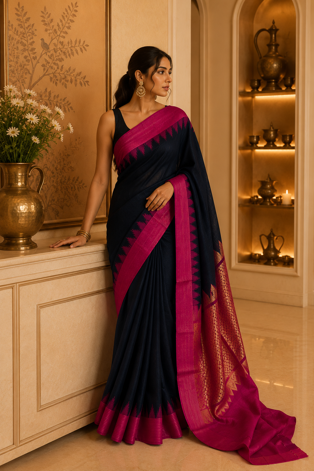 Timeless Contrast: Pure Gadwal Silk in Black and Pink