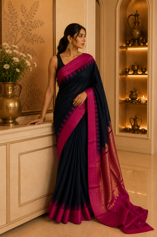Timeless Contrast: Pure Gadwal Silk in Black and Pink