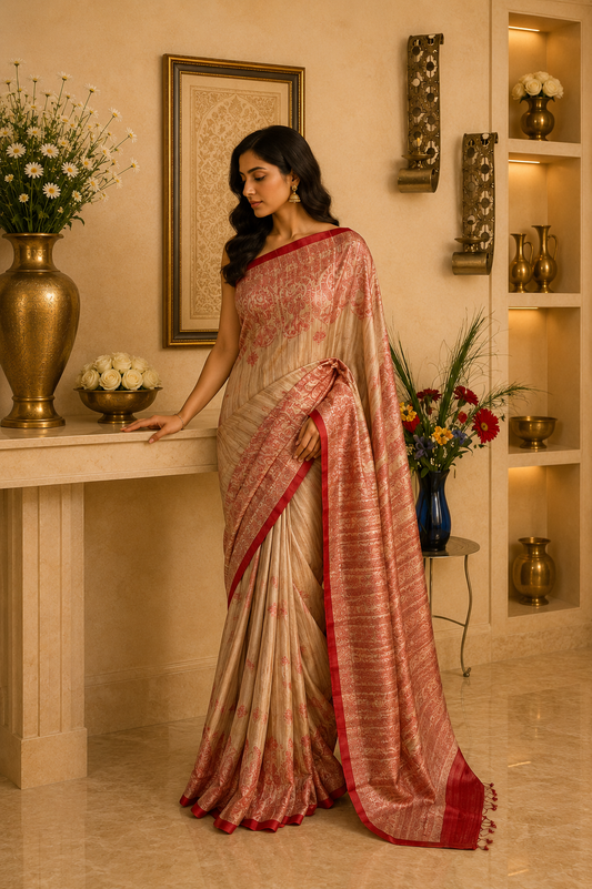 Tusser Giccha Madhubani Print Saree