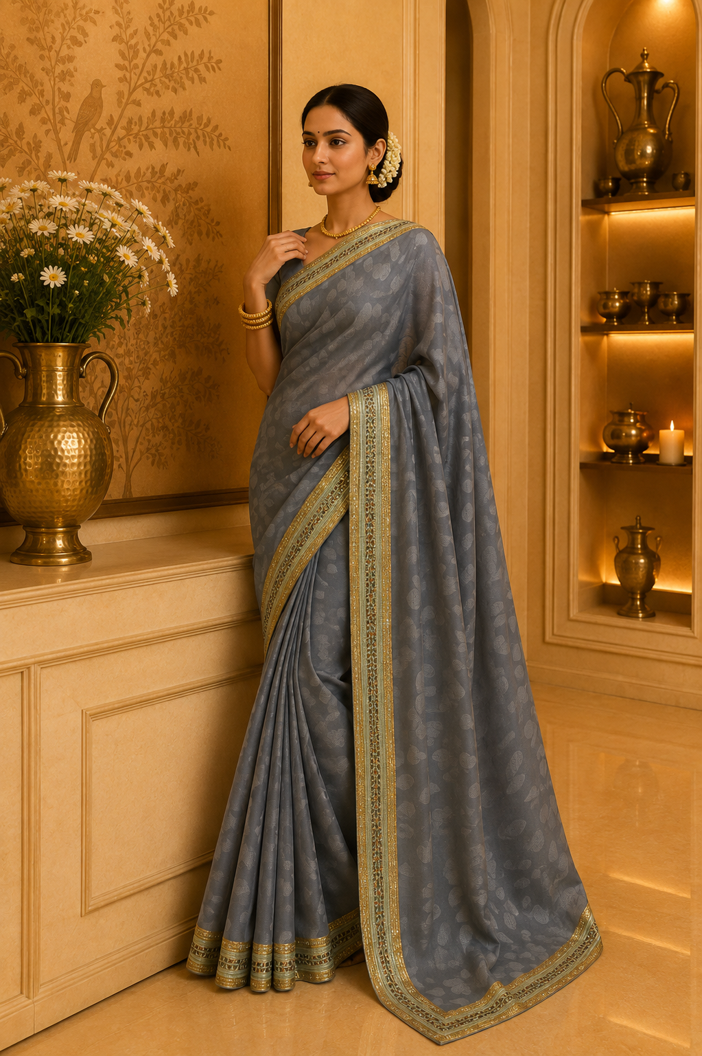 Grey Jacquard saree with Green Borders