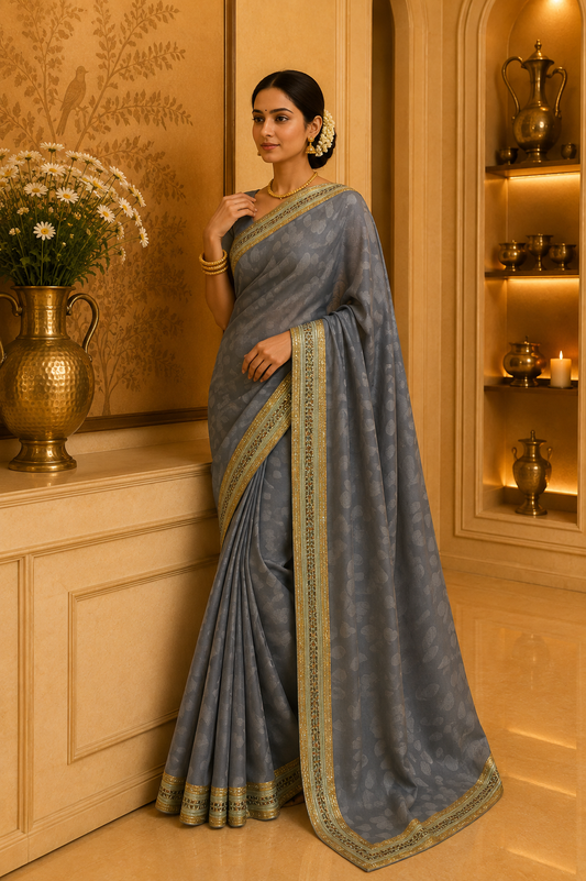 Grey Jacquard saree with Green Borders