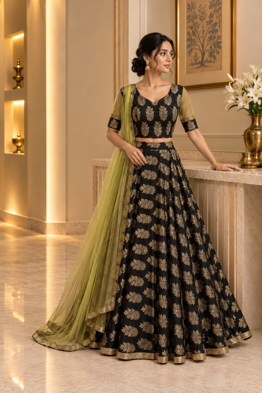 Black Kalamkari Umbrella Lehenga Set