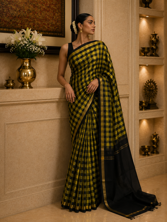 Yellow & Black Cotton Silk Saree