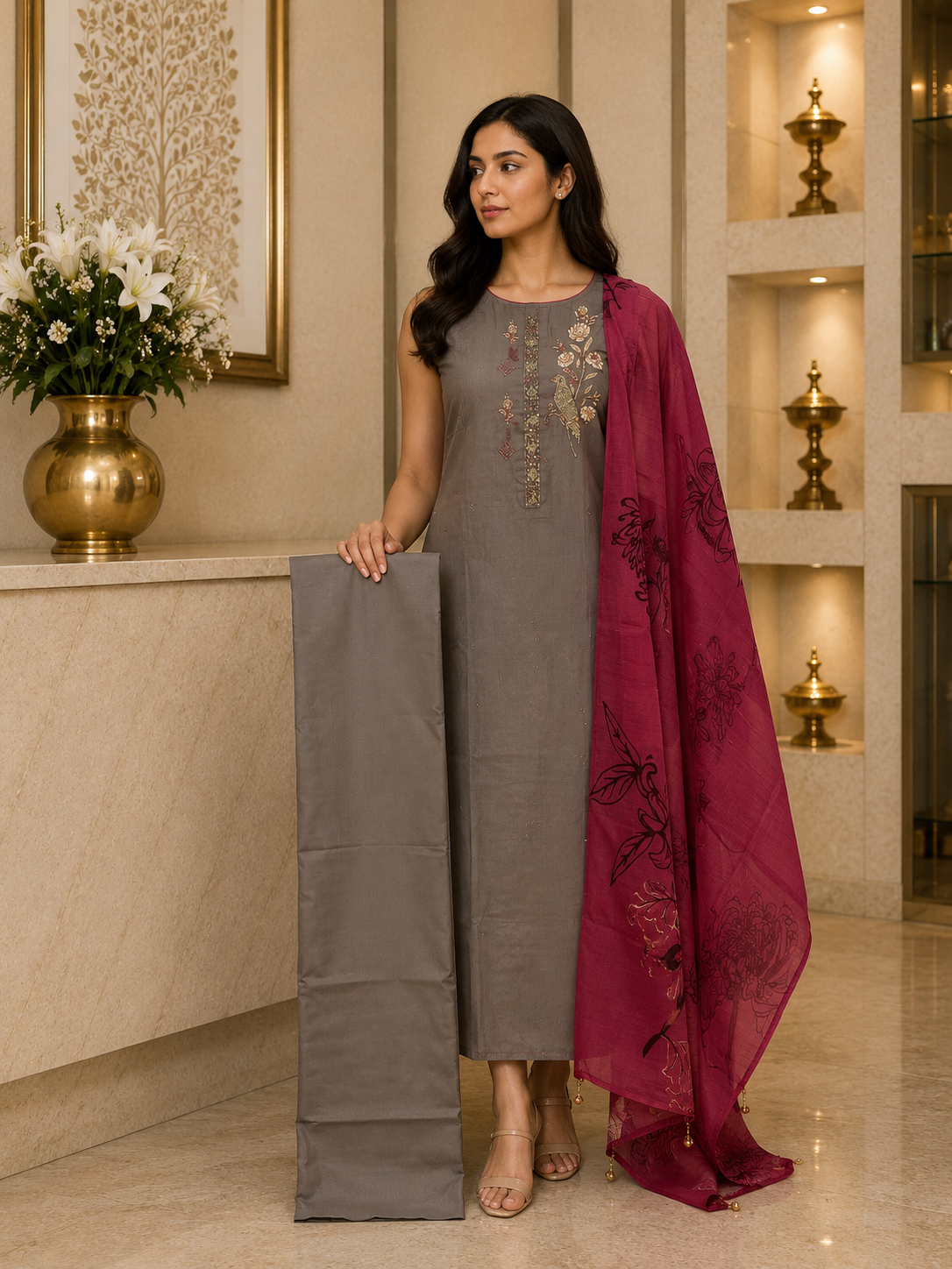 Grey And Maroon Satin Cotton Handwork DM