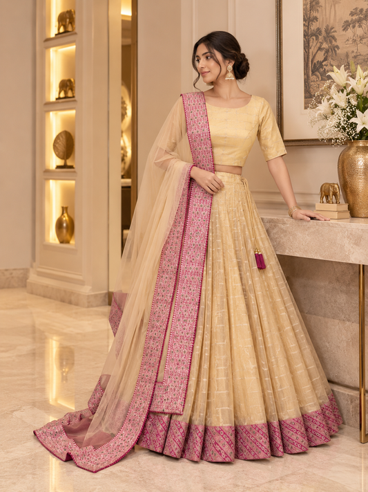 Peach Organza Lehenga with Tanchui borders