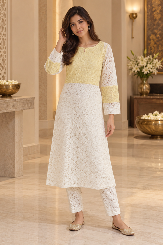 Beige and Mustard Chikankari Readymade Set
