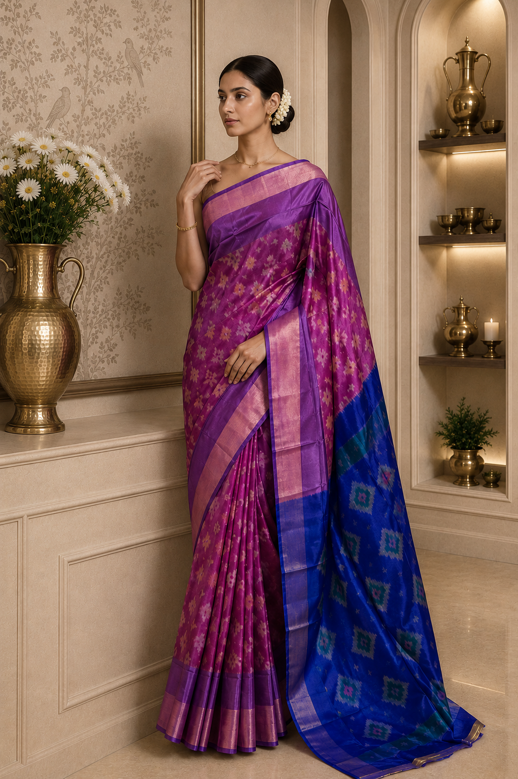 Pink Pochampally Semi Silk Saree