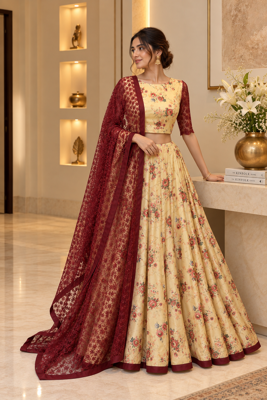 Mustard Viscose Linen Floral Lehenga set