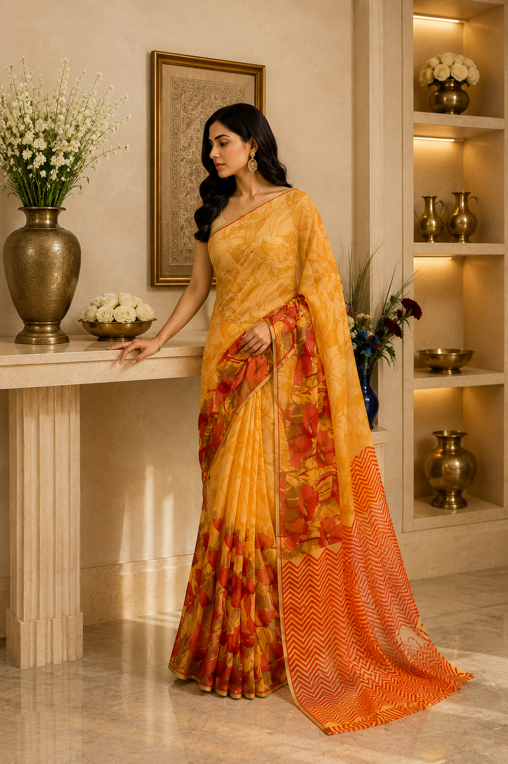 Mustard Red Chiffon Saree