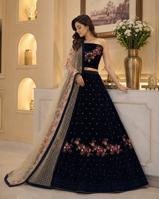 Blue velvet Unstitched Lehenga