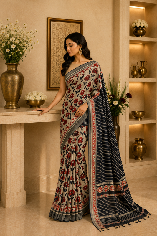 Tusser Giccha Block Print Saree